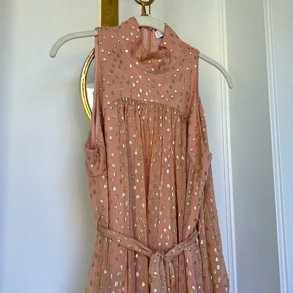 ZIMMERMANN SLEEVELESS TIE NECK DRESS Size 2 Blush Gold MIDI Party Glitter Dress - Picture 9 of 13